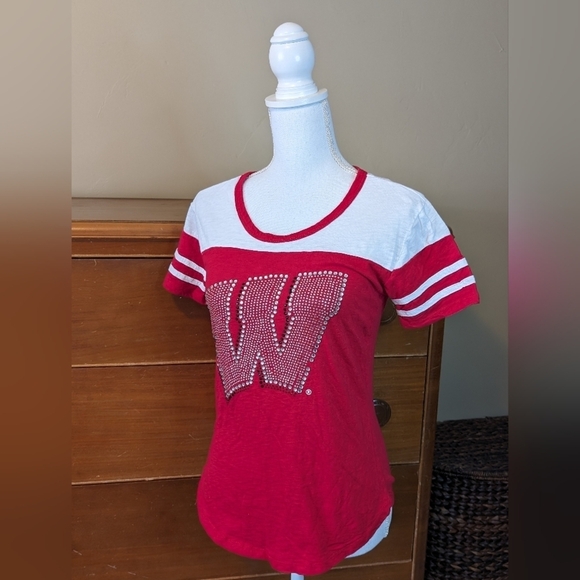 e5 Tops - WISCONSIN BADGERS BLING Burnout Rhinestone Short Sleeve College T-Shirt